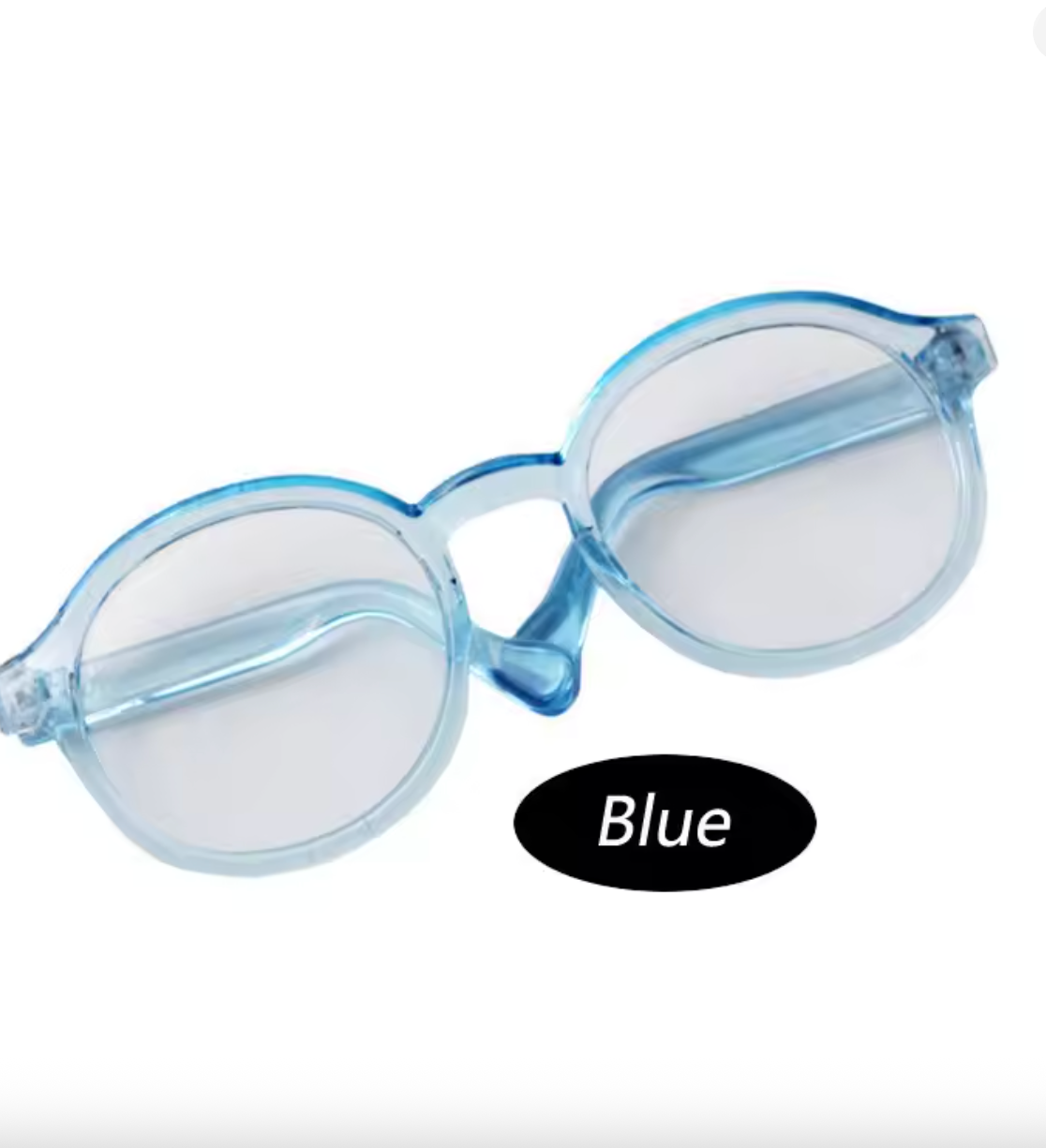 Blue round eyeglasses on a white background with 'Blue' label.